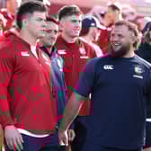 Huw Jones and Pierre Schoeman are among the British and Irish Lions players at the official welcoming ceremony in Perth. 