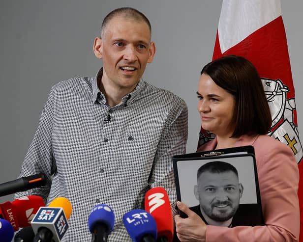 Exiled Belarusian opposition leader Sviatlana Tsikhanouskaya, right, and her husband Siarhei Tsikhanouski, a Belarusian opposition activist released from a Belarusian prison.