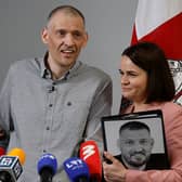 Exiled Belarusian opposition leader Sviatlana Tsikhanouskaya, right, and her husband Siarhei Tsikhanouski, a Belarusian opposition activist released from a Belarusian prison.
