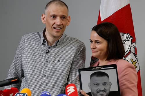 Exiled Belarusian opposition leader Sviatlana Tsikhanouskaya, right, and her husband Siarhei Tsikhanouski, a Belarusian opposition activist released from a Belarusian prison.