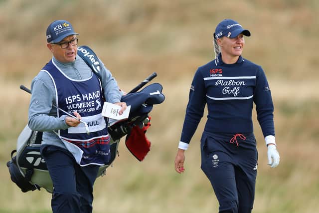 Charley Hull pictured with her caddie during last year’s event at Dundonald Links in Ayrshire
