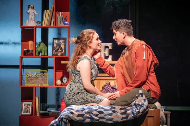 Lauren Conroy as Zoe Murphy and Ryan Kopel as Evan Hansen in musical Dear Evan Hansen.