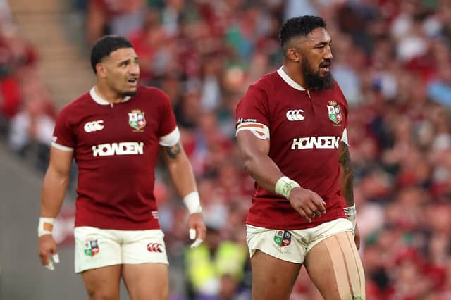 Bundee Aki (R) and fellow centre Sione Tuipulotu of the British & Irish Lions look during defeat to Argentina at the Aviva Stadium in Dublin, Ireland. (Photo by David Rogers/Getty Images)