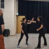 Tutor Rob Myles teaches arts correspondent Jane Bradley to stage fight at the Royal Conservatoire of Scotland.