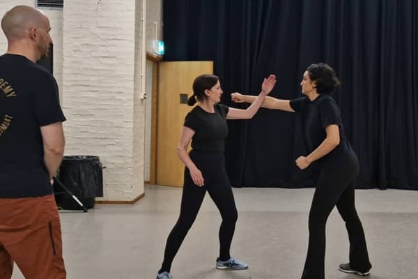 Tutor Rob Myles teaches arts correspondent Jane Bradley to stage fight at the Royal Conservatoire of Scotland.