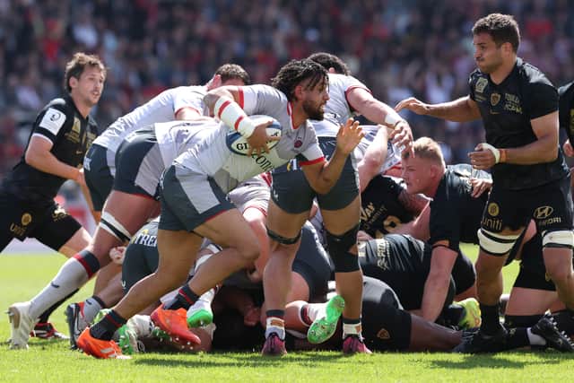 Andy Onyeama-Christie playing for Saracens against Toulon in the Investec Champions Cup round of 16 in April. He returned to action for quicker than expected.