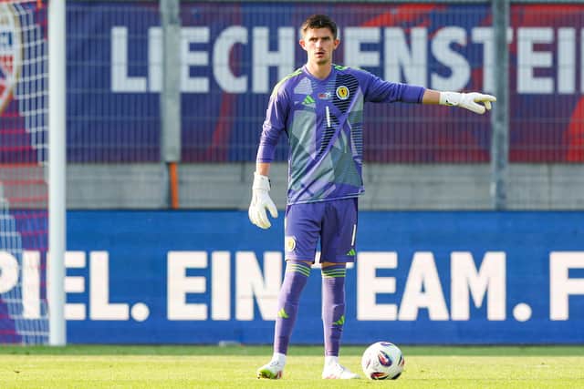 Ross Doohan in action during his Scotland debut against Liechtenstein at Rheinpark Stadion, on June 08, 2025, in Vaduz. (Photo by Craig Williamson / SNS Group)