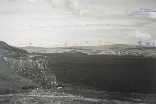 Ben Aketil wind farm plans showing the proposed larger turbines in red, plus a couple of other wind farm plans for the island in other colours