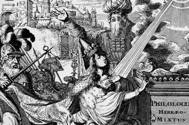 Illustration showing Judah seeking sanctuary at the altar, taken from the Philologus Hebraeo-Mixtus by Johann Leusden, professor of Hebrew, Utrecht, 1657