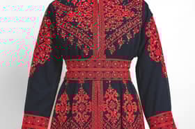 The embroidered dress lent by Nadia El-Nakla, worn at the swearing-in ceremony of her husband, Humza Yousaf as first minister.