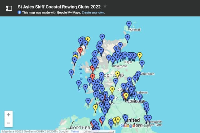 A map showing the amount of St Ayles Skiff Coastal Rowing Clubs in 2022