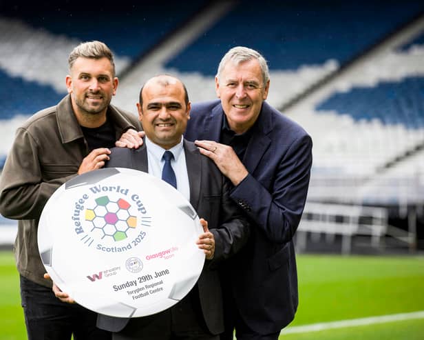 Glasgow Afghan United managing director and tournament organiser Abdul Bostani launches the 2025 Refugee World Cup at Hampden Park with Cammy Bell and Packie Bonner. (Photo by Craig Williamson / SNS Group)