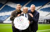 Glasgow Afghan United managing director and tournament organiser Abdul Bostani launches the 2025 Refugee World Cup at Hampden Park with Cammy Bell and Packie Bonner. (Photo by Craig Williamson / SNS Group)