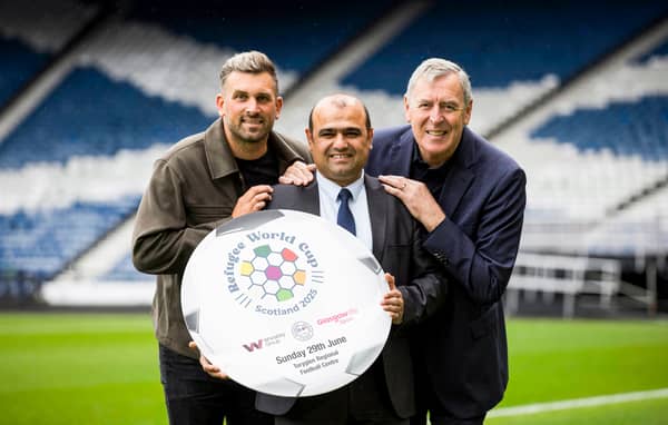 Glasgow Afghan United managing director and tournament organiser Abdul Bostani launches the 2025 Refugee World Cup at Hampden Park with Cammy Bell and Packie Bonner. (Photo by Craig Williamson / SNS Group)