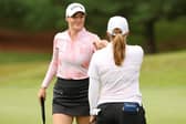 Cassie Porter and Gemma Dryburgh celebrate  during the first round of the Dow Championship at Midland Country Club in Michigan 