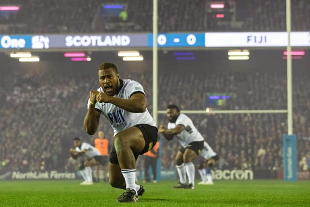 Fiji's Tevita Ikanivere leads the Cibi ahead of the Autumn Nations Series match against Scotland at Murrayfield in November 2024. (Photo by Craig Williamson / SNS Group)