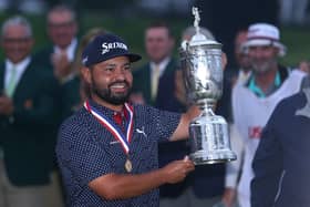 J.J. Spaun shows off the trophy after winning the 130th US Open at Oakmont earlier this month