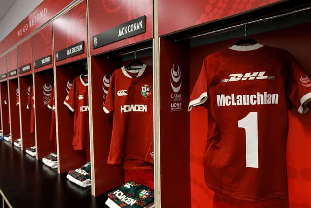 A Lions jersey bearing Ian McLauchlan’s name and number hangs in the away dressing room at Optus Stadium in Perth before the Lions' tour opener against Western Force.