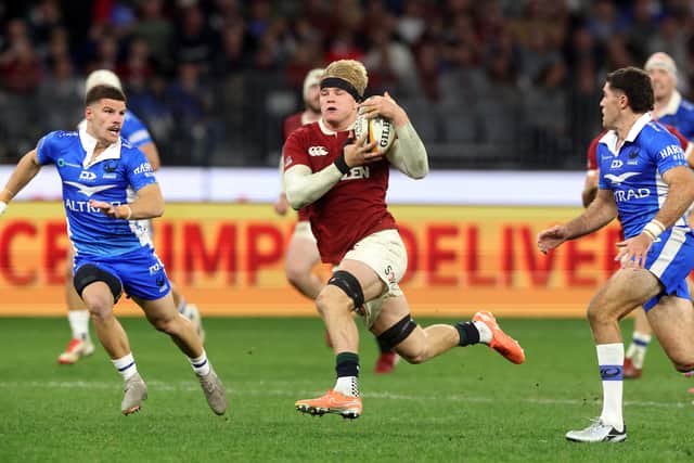 Henry Pollock of the British & Irish Lions charges upfield during the tour match against the Western Force.