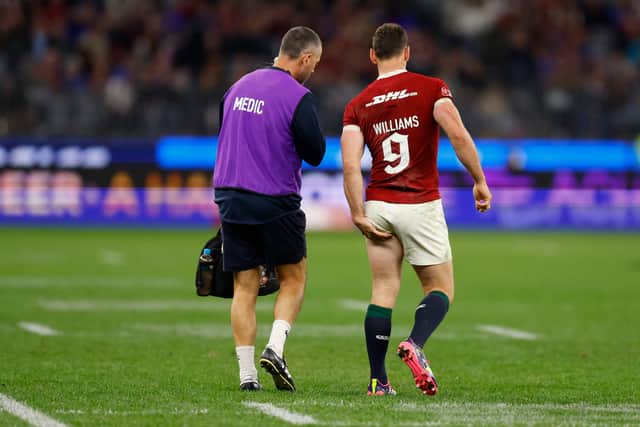 Tomos Williams of the British and Irish Lions clutches his left hamstring during the tour match against Western Force in Perth, Australia.