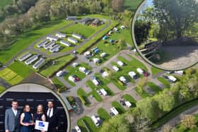The caravan park from the air, and (left inset) the winning team.