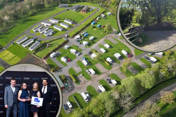 The caravan park from the air, and (left inset) the winning team.