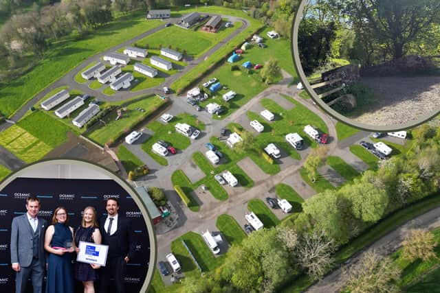 The caravan park from the air, and (left inset) the winning team.