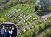 The caravan park from the air, and (left inset) the winning team.