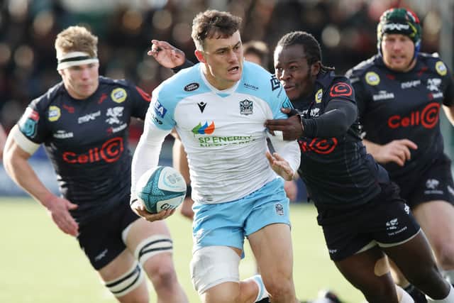 Cole Forbes playing for Glasgow Warriors against the Sharks during a URC match at Scotstoun in October 2021.