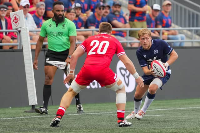 Gus Warr on the attack during his Scotland debut against Canada in July 2024 in Ottawa.
