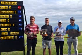 East of Scotland Open winner James White, second left, pictured with third-placed Cormac Sharpe, women’s winner Rachel Mathieson and runner-up Sam Mukherjee at Lundin Golf Club