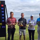 East of Scotland Open winner James White, second left, pictured with third-placed Cormac Sharpe, women’s winner Rachel Mathieson and runner-up Sam Mukherjee at Lundin Golf Club