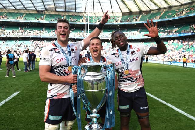 Callum Hunter-Hill, left, Ivan van Zyl, centre, and Maro Itoje celebrate Saracens' win over Sale in the 2023 Gallagher Premiership final at Twickenham.