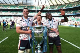 Callum Hunter-Hill, left, Ivan van Zyl, centre, and Maro Itoje celebrate Saracens' win over Sale in the 2023 Gallagher Premiership final at Twickenham.