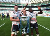 Callum Hunter-Hill, left, Ivan van Zyl, centre, and Maro Itoje celebrate Saracens' win over Sale in the 2023 Gallagher Premiership final at Twickenham.