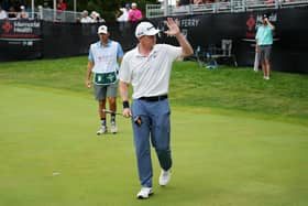 Sandy Scott reacts after shooting his 60 in the final round of the Memorial Health Championship presented by LRS at Panther Creek Country Club in Springfield, Illinois 