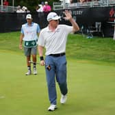 Sandy Scott reacts after shooting his 60 in the final round of the Memorial Health Championship presented by LRS at Panther Creek Country Club in Springfield, Illinois 