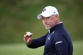 Lee Westwood acknowledges the crowd on the 18th green following his second round in The Open Final Qualifier at Dundonald Links in Ayrshire 