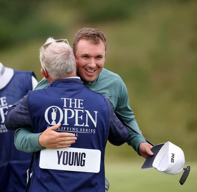 Daniel Young celebrates with his caddie Phil McKenna at Dundonald after qualifying for The Open along with Lee Westwood, Angel Hidalgo, Jesper Sandborg and Connor Graham