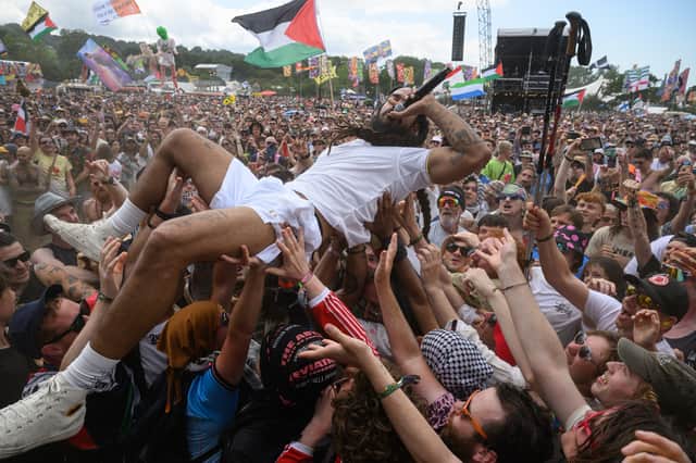 Bobby Vylan crowdsurfs during the Glastonbury festival where he led the crowd in a chant of 'death, death to the IDF' (Picture: Leon Neal)