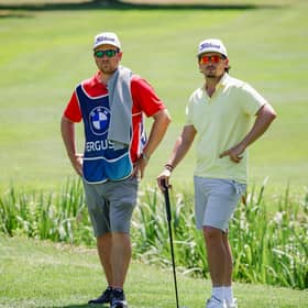 Defending BMW International Open champion Ewen Ferguson pictured with his caddie Stephen Neilson during the pro-am on Wednesday