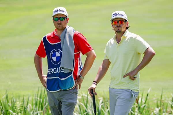 Defending BMW International Open champion Ewen Ferguson pictured with his caddie Stephen Neilson during the pro-am on Wednesday
