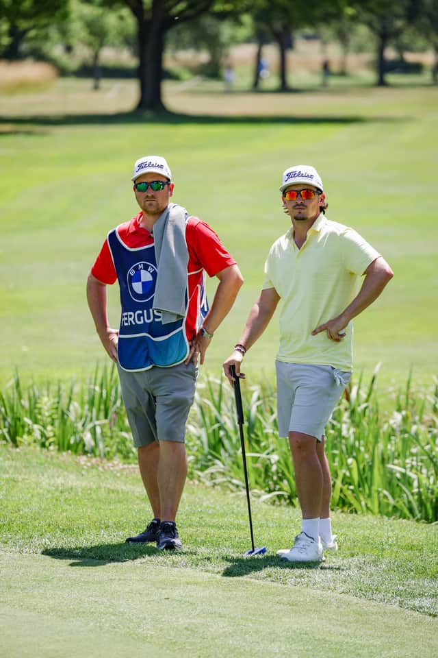 Defending BMW International Open champion Ewen Ferguson pictured with his caddie Stephen Neilson during the pro-am on Wednesday