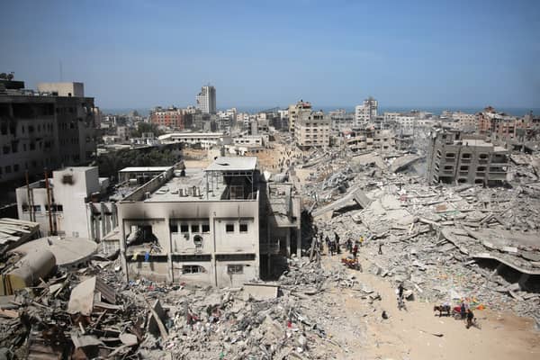 A general view shows the damage in the area surrounding Gaza's Al-Shifa hospital in 2024