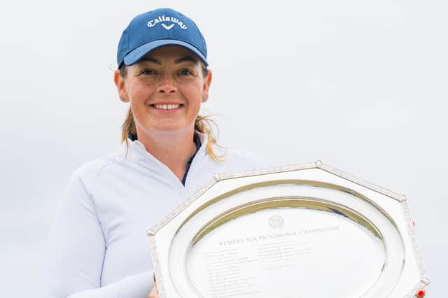 Royal Troon’s Hazel MacGarvie shows off the trophy after winning the Women’s PGA Assistants’ Championship by eight shots at Goswick