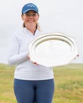 Royal Troon’s Hazel MacGarvie shows off the trophy after winning the Women’s PGA Assistants’ Championship by eight shots at Goswick