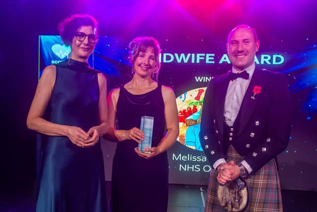 The Scotsman Health Awards 2024  Midwife Award winner Melissa Lindsay (centre), next to Health Secretary Neil Gray (right).