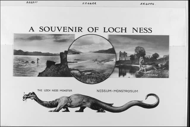 A historical postcard showing Nessie as a three-humped monster