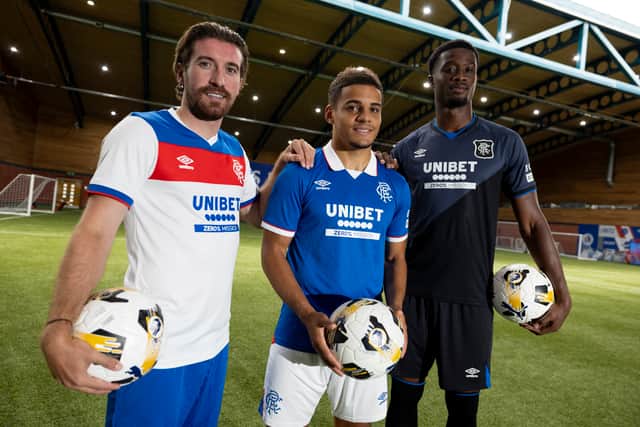 Three new Rangers signings Joe Rothwell, Max Aarons and Emmanuel Fernandez pose for pictures at Auchenhowie.