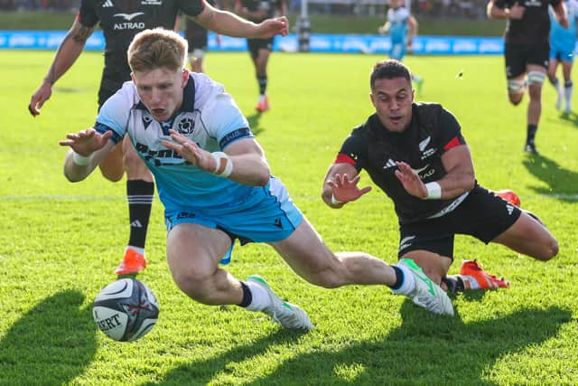 Harry Paterson scores Scotland's first try against the Maori All Blacks in Whangarei.
